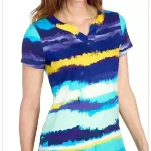 ANNE KLEIN SPORT 2for 1 Watercolor Stripe Split Neck Tee AND purple splash